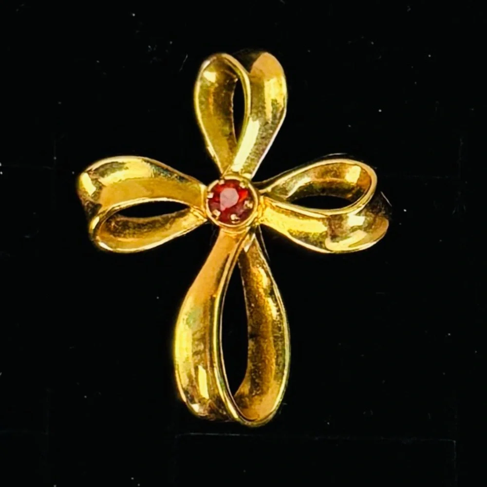 Vintage Goldtone Cross Pendant with Red Center Accent